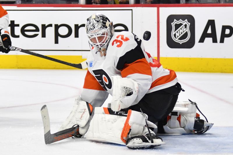 Mar 2, 2024; Philadelphia, Pennsylvania, USA; Philadelphia Flyers goaltender Felix Sandstrom (32) makes a save against the Ottawa Senators during the second period at Wells Fargo Center. Mandatory Credit: Eric Hartline-USA TODAY Sports