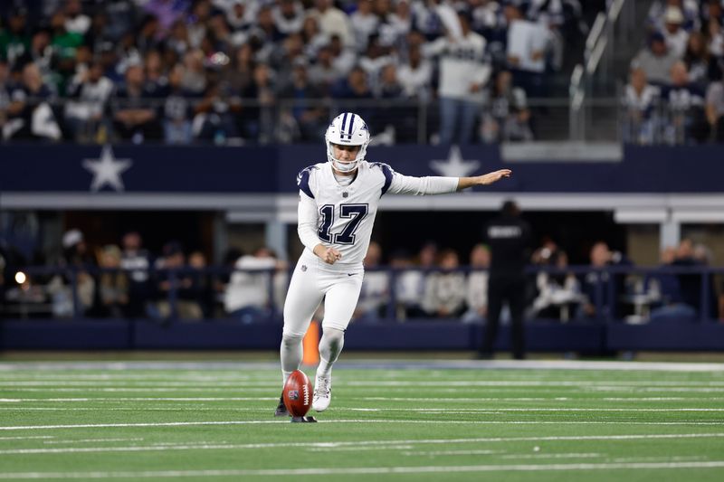 Dallas Cowboys kicker Brandon Aubrey (17) kicks off during an NFL football game against the Philadelphia Eagles, Sunday, Dec. 10, 2023, in Arlington, Texas. (AP Photo/Matt Patterson)