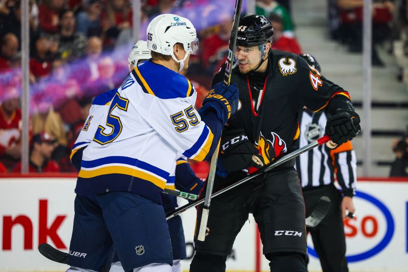 Jan 23, 2024; Calgary, Alberta, CAN; St. Louis Blues defenseman Colton Parayko (55) and Calgary Flames right wing Adam Klapka (43) gets into a scrum during the second period at Scotiabank Saddledome. Mandatory Credit: Sergei Belski-USA TODAY Sports