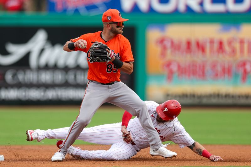 Mar 5, 2024; Clearwater, Florida, USA;  Baltimore Orioles second baseman Conner Norby (85) turns a double play against the Philadelphia Phillies in the second inning at BayCare Ballpark. Mandatory Credit: Nathan Ray Seebeck-USA TODAY Sports