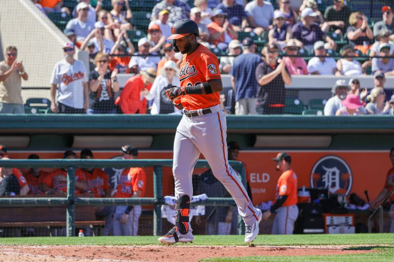 Feb 26, 2023; Lakeland, Florida, USA; Baltimore Orioles first baseman Lewin Diaz (28) runs to home plate after hitting a home run during the fifth inning against the Detroit Tigers at Publix Field at Joker Marchant Stadium. Mandatory Credit: Mike Watters-USA TODAY Sports