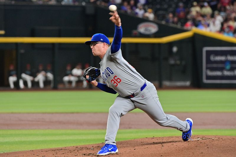 Apr 17, 2024; Phoenix, Arizona, USA;  Chicago Cubs pitcher Jordan Wicks (36) throws in the first inning against the Arizona Diamondbacks at Chase Field. Mandatory Credit: Matt Kartozian-USA TODAY Sports