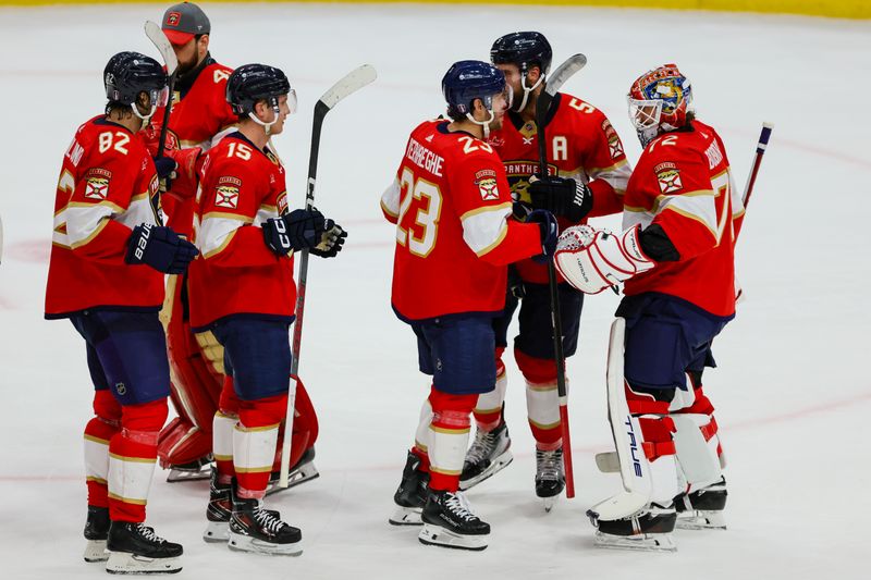 May 8, 2024; Sunrise, Florida, USA; Florida Panthers goaltender Sergei Bobrovsky (72) celebrates with goaltender Anthony Stolarz (41) after the game against the Boston Bruins in game two of the second round of the 2024 Stanley Cup Playoffs at Amerant Bank Arena. Mandatory Credit: Sam Navarro-USA TODAY Sports