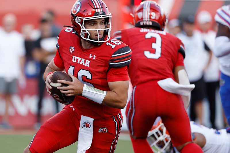 Aug 31, 2023; Salt Lake City, Utah, USA; Utah Utes quarterback Bryson Barnes (16) looks to pass against the Florida Gators at Rice-Eccles Stadium. Mandatory Credit: Jeff Swinger-USA TODAY Sports