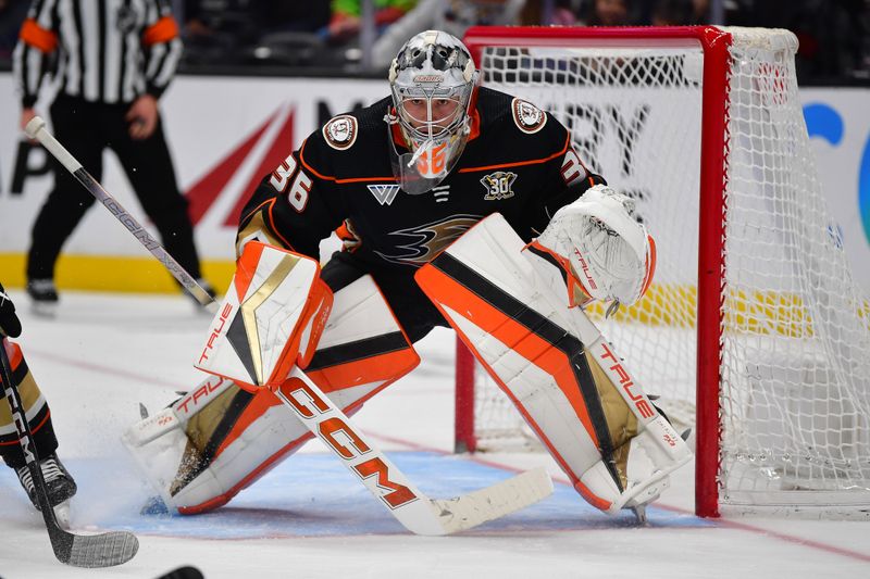 Jan 5, 2024; Anaheim, California, USA; Anaheim Ducks goaltender John Gibson (36) defends the goal against the Winnipeg Jets during the third period at Honda Center. Mandatory Credit: Gary A. Vasquez-USA TODAY Sports