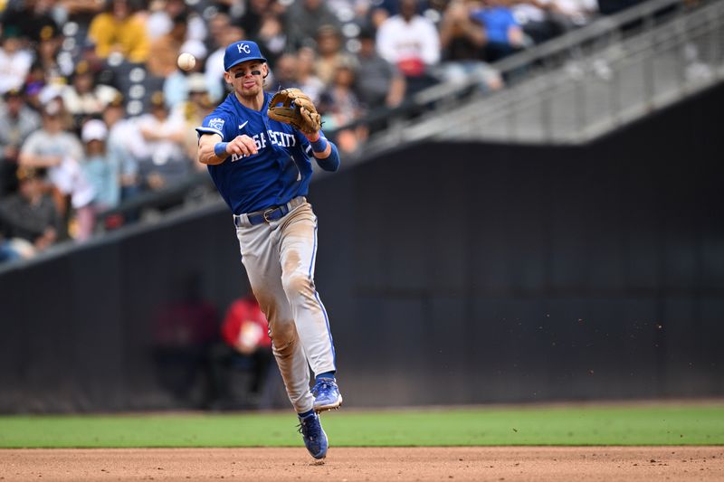 May 17, 2023; San Diego, California, USA; Kansas City Royals shortstop Bobby Witt (7) throws to first base on a ground out by San Diego Padres right fielder Fernando Tatis Jr. (not pictured) during the fifth inning at Petco Park. Mandatory Credit: Orlando Ramirez-USA TODAY Sports