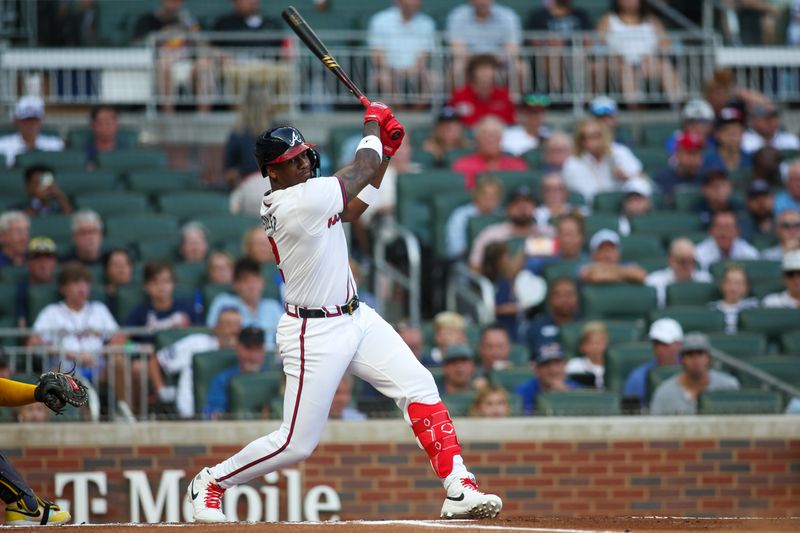 Aug 7, 2024; Atlanta, Georgia, USA; Atlanta Braves designated hitter Jorge Soler (2) hits a double against the Milwaukee Brewers in the first inning at Truist Park. Mandatory Credit: Brett Davis-USA TODAY Sports
