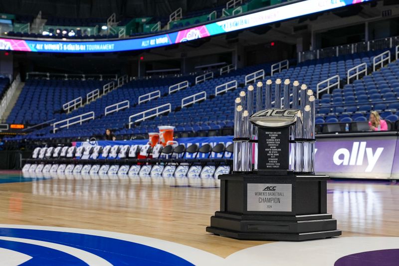 Mar 10, 2024; Greensboro, NC, USA; General view of the Championship trophy prior to the game between NC State and Notre Dame at Greensboro Coliseum. Mandatory Credit: David Yeazell-USA TODAY Sports