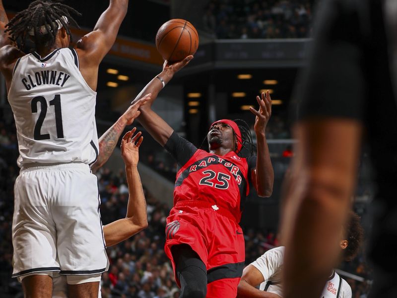 BROOKLYN, NY - OCTOBER 18: Chris Boucher #25 of the Toronto Raptors shoots the ball during the gameon October 18, 2024 at Barclays Center in Brooklyn, New York. NOTE TO USER: User expressly acknowledges and agrees that, by downloading and or using this Photograph, user is consenting to the terms and conditions of the Getty Images License Agreement. Mandatory Copyright Notice: Copyright 2024 NBAE (Photo by David L. Nemec/NBAE via Getty Images)