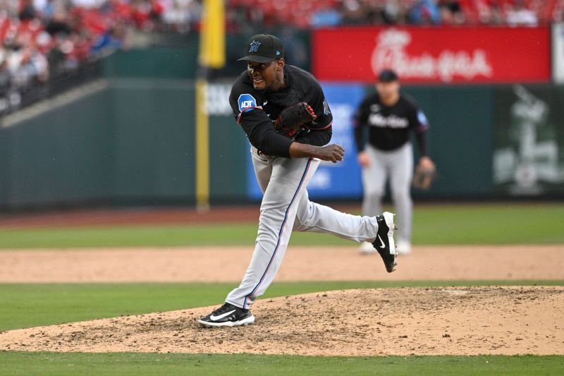 Apr 7, 2024; St. Louis, Missouri, USA; Miami Marlins pitcher George Soriano (62) pitches against the St. Louis Cardinals during the eighth inning at Busch Stadium. Mandatory Credit: Jeff Le-USA TODAY Sports