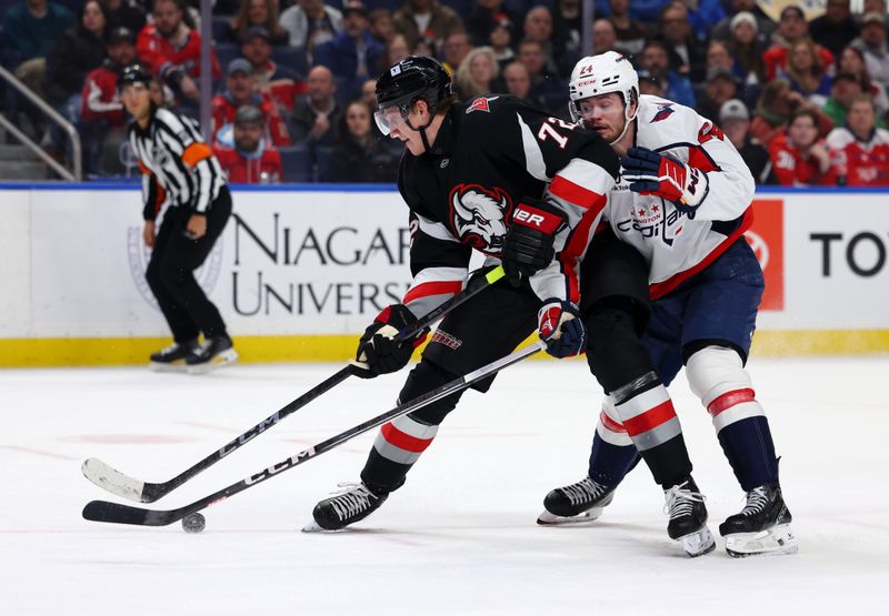 Jan 6, 2025; Buffalo, New York, USA;  Buffalo Sabres center Tage Thompson (72) looks to take a shot on goal as Washington Capitals center Connor McMichael (24) defends during the second period at KeyBank Center. Mandatory Credit: Timothy T. Ludwig-Imagn Images