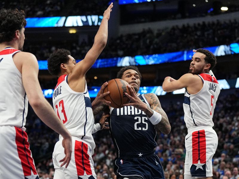 DALLAS, TX - FEBRUARY 12: P.J. Washington #25 of the Dallas Mavericks drives to the basket during the game against the Washington Wizards on February 12, 2024 at the American Airlines Center in Dallas, Texas. NOTE TO USER: User expressly acknowledges and agrees that, by downloading and or using this photograph, User is consenting to the terms and conditions of the Getty Images License Agreement. Mandatory Copyright Notice: Copyright 2024 NBAE (Photo by Glenn James/NBAE via Getty Images)