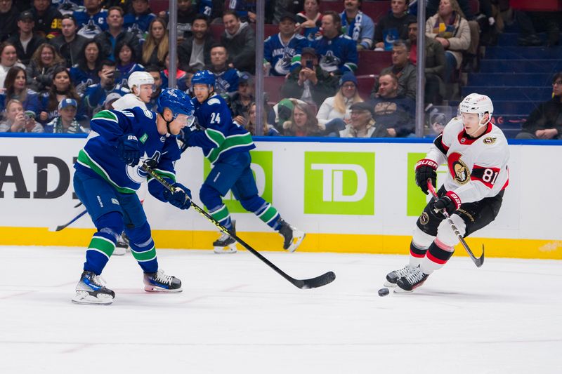 Jan 2, 2024; Vancouver, British Columbia, CAN; Vancouver Canucks forward Elias Pettersson (40) makes a pass around Ottawa Senators forward Dominik Kubalik (81) in the first period at Rogers Arena. Mandatory Credit: Bob Frid-USA TODAY Sports