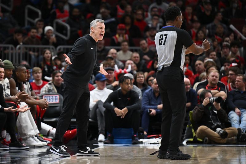 CHICAGO, ILLINOIS - JANUARY 10:  Head Coach Billy Donovan of the Chicago Bulls asks referee Mitchell Ervin #27 about a foul call in the first half against the Houston Rockets on January 10, 2024 at United Center in Chicago, Illinois.   NOTE TO USER: User expressly acknowledges and agrees that, by downloading and or using this photograph, User is consenting to the terms and conditions of the Getty Images License Agreement.  (Photo by Jamie Sabau/Getty Images)