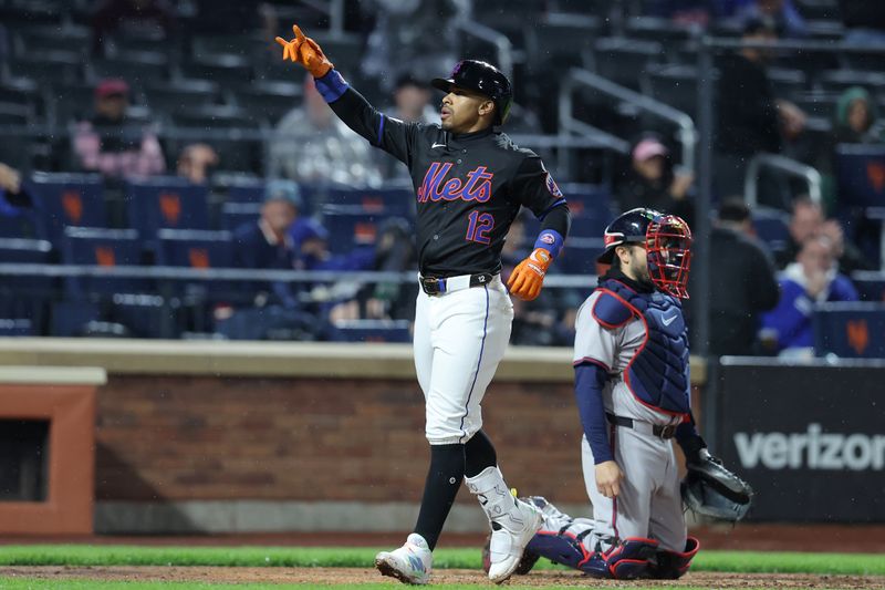 May 10, 2024; New York City, New York, USA; New York Mets shortstop Francisco Lindor (12) celebrates his solo home run against the Atlanta Braves during the seventh inning at Citi Field. Mandatory Credit: Brad Penner-USA TODAY Sports