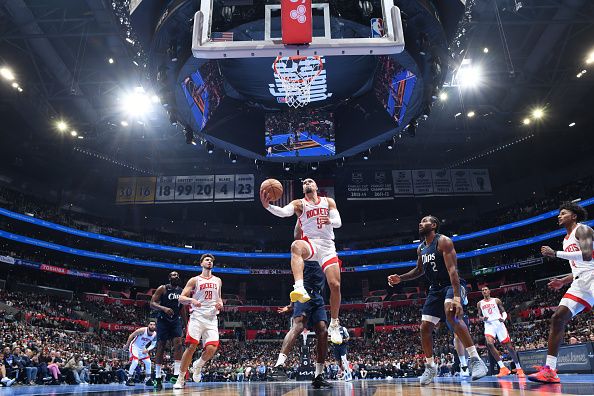 LOS ANGELES, CA - NOVEMBER 17: Dillon Brooks #9 of the Houston Rockets drives to the basket during the game against the LA Clippers during the In-Season Tournament on November 17, 2023 at Crypto.Com Arena in Los Angeles, California. NOTE TO USER: User expressly acknowledges and agrees that, by downloading and/or using this Photograph, user is consenting to the terms and conditions of the Getty Images License Agreement. Mandatory Copyright Notice: Copyright 2023 NBAE (Photo by Adam Pantozzi/NBAE via Getty Images)