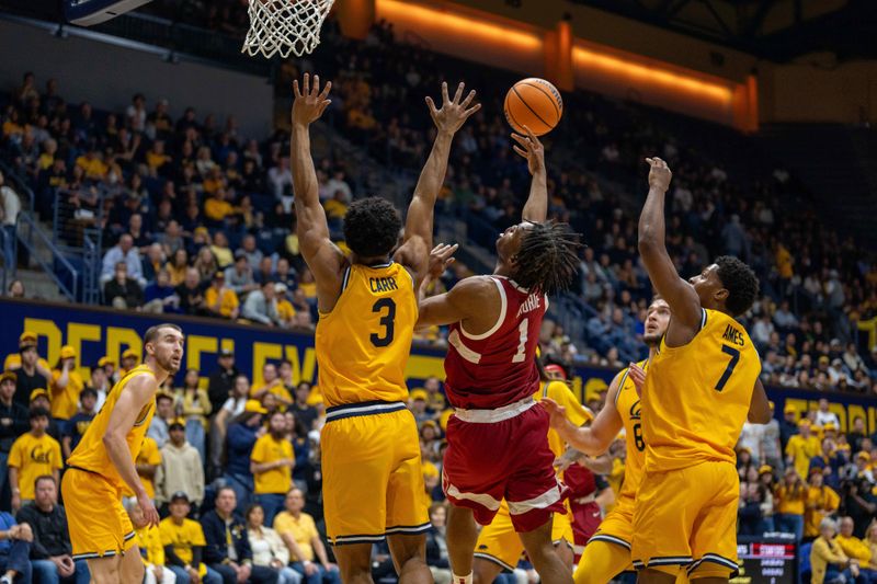 Feb 21, 2026; Berkeley, California, USA;  Stanford Cardinal guard Ebuka Okorie (1) shoots a layup against California Golden Bears guard Semetri Carr (3) during the first half at Haas Pavilion. Mandatory Credit: Neville E. Guard-Imagn Images