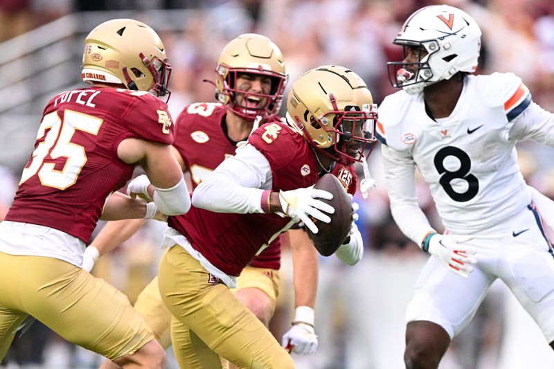 Sep 30, 2023; Chestnut Hill, Massachusetts, USA; Boston College Eagles defensive back Elijah Jones (1) reacts after intercepting a pass against the Virginia Cavaliers during the second half at Alumni Stadium. Mandatory Credit: Brian Fluharty-USA TODAY Sports