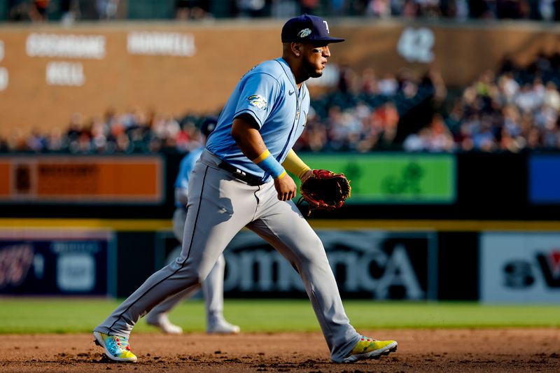 Aug 4, 2023; Detroit, Michigan, USA;  Tampa Bay Rays third baseman Isaac Paredes (17) in the field during the first inning against the Detroit Tigers at Comerica Park. Mandatory Credit: Rick Osentoski-USA TODAY Sports