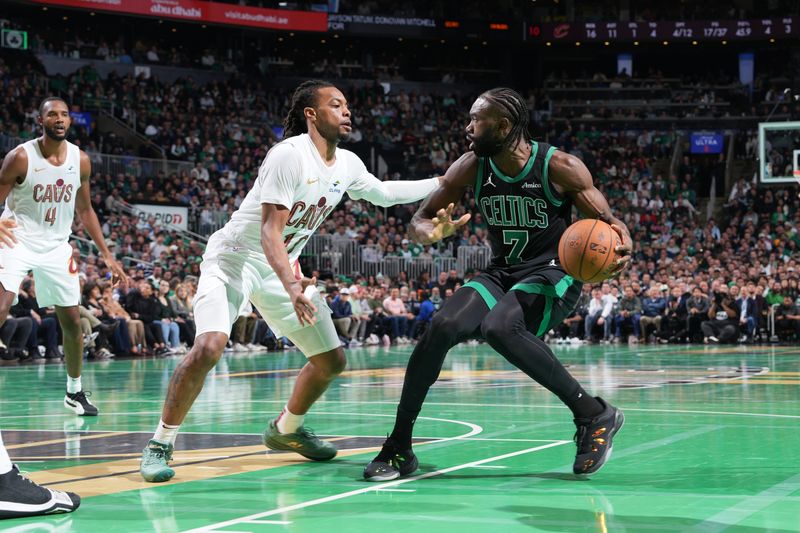 BOSTON, MA - NOVEMBER 19: Jaylen Brown #7 of the Boston Celtics dribbles the ball during the game against the Cleveland Cavaliers during the Emirates NBA Cup game on November 19, 2024 at TD Garden in Boston, Massachusetts. NOTE TO USER: User expressly acknowledges and agrees that, by downloading and/or using this Photograph, user is consenting to the terms and conditions of the Getty Images License Agreement. Mandatory Copyright Notice: Copyright 2024 NBAE (Photo by Jesse D. Garrabrant/NBAE via Getty Images)