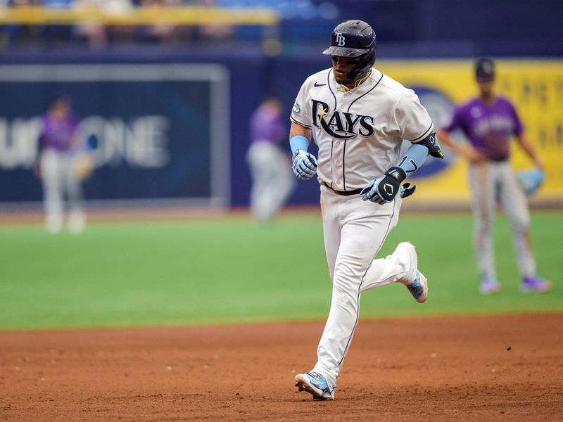 Aug 24, 2023; St. Petersburg, Florida, USA;  Tampa Bay Rays third baseman Isaac Paredes (17) runs the bases after hitting a solo home run against the Colorado Rockies in the sixth inning at Tropicana Field. Mandatory Credit: Nathan Ray Seebeck-USA TODAY Sports