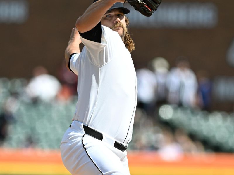 Apr 18, 2024; Detroit, Michigan, USA;  Detroit Tigers pitcher Andrew Chafin (17) throws a pitch against the Texas Rangers in the ninth inning at Comerica Park. Mandatory Credit: Lon Horwedel-USA TODAY Sports