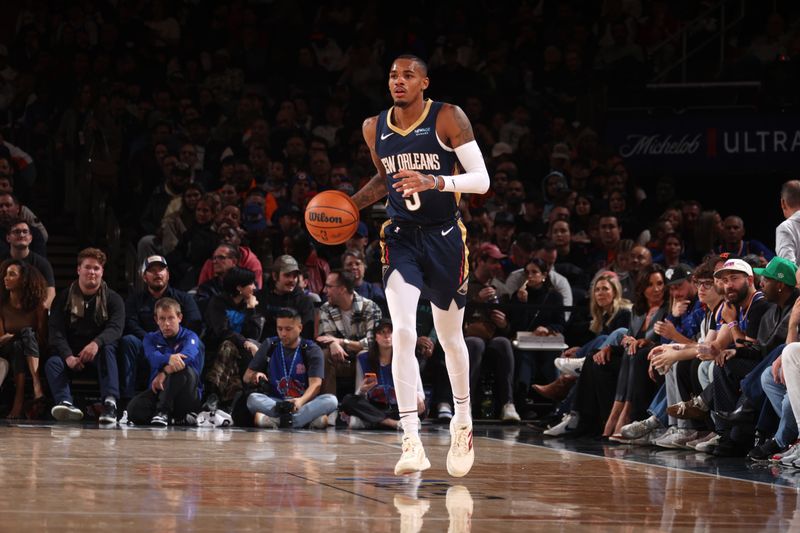 NEW YORK, NY - DECEMBER 1: Dejounte Murray #5 of the New Orleans Pelicans dribbles the ball during the game against the New York Knicks on December 1, 2024 at Madison Square Garden in New York City, New York.  NOTE TO USER: User expressly acknowledges and agrees that, by downloading and or using this photograph, User is consenting to the terms and conditions of the Getty Images License Agreement. Mandatory Copyright Notice: Copyright 2024 NBAE  (Photo by Nathaniel S. Butler/NBAE via Getty Images)