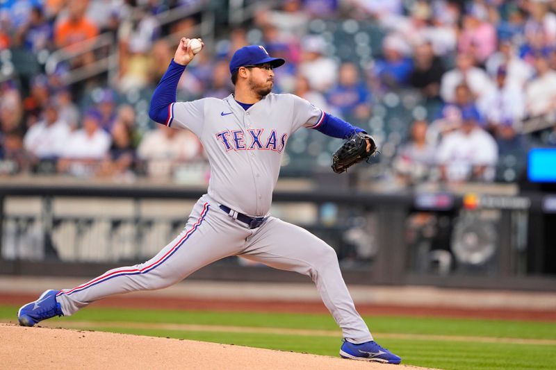 Aug 30, 2023; New York City, New York, USA;  Texas Rangers pitcher Dane Dunning (33) delivers a pitch against the New York Mets during the first inning at Citi Field. Mandatory Credit: Gregory Fisher-USA TODAY Sports