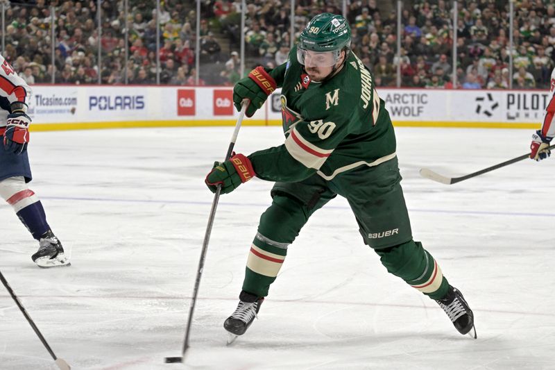 Jan 23, 2024; Saint Paul, Minnesota, USA;  Minnesota Wild forward Marcus Johansson (90) scores a goal against the Washington Capitals during the second period at Xcel Energy Center. Mandatory Credit: Nick Wosika-USA TODAY Sports