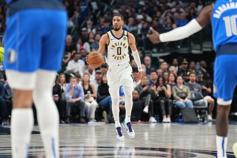 DALLAS, TX - MARCH 5: Tyrese Haliburton #0 of the Indiana Pacers dribbles the ball during the game against the Dallas Mavericks on March 5, 2024 at the American Airlines Center in Dallas, Texas. NOTE TO USER: User expressly acknowledges and agrees that, by downloading and or using this photograph, User is consenting to the terms and conditions of the Getty Images License Agreement. Mandatory Copyright Notice: Copyright 2024 NBAE (Photo by Glenn James/NBAE via Getty Images)