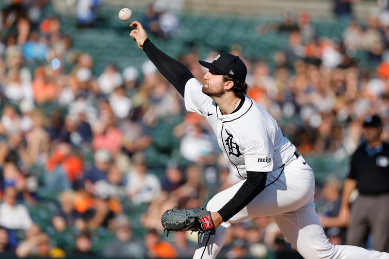 Jun 24, 2024; Detroit, Michigan, USA;  Detroit Tigers starting pitcher Casey Mize (12) pitches in the first inning against the Philadelphia Phillies at Comerica Park. Mandatory Credit: Rick Osentoski-USA TODAY Sports