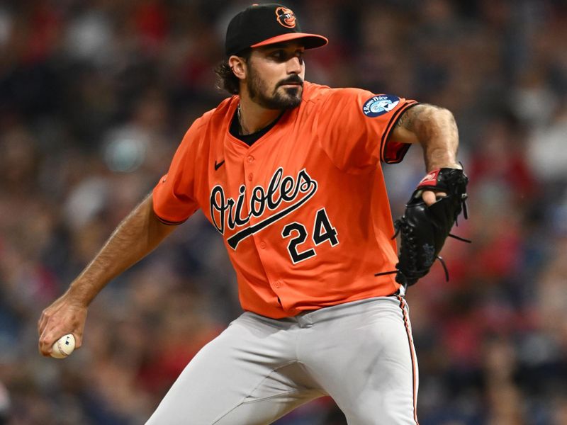 Aug 3, 2024; Cleveland, Ohio, USA; Baltimore Orioles starting pitcher Zach Eflin (24) throws a pitch during the sixth inning against the Cleveland Guardians at Progressive Field. Mandatory Credit: Ken Blaze-USA TODAY Sports