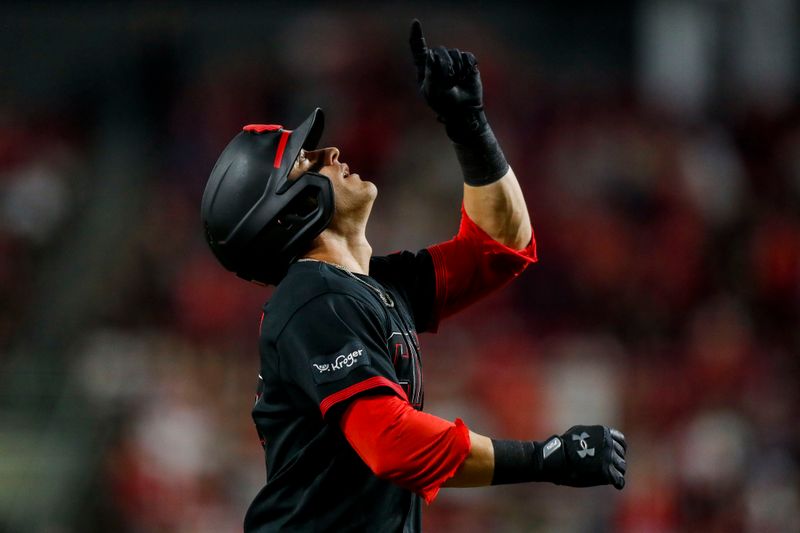 Sep 22, 2023; Cincinnati, Ohio, USA; Cincinnati Reds center fielder TJ Friedl (29) reacts after hitting a two-run home run in the sixth inning against the Pittsburgh Pirates at Great American Ball Park. Mandatory Credit: Katie Stratman-USA TODAY Sports