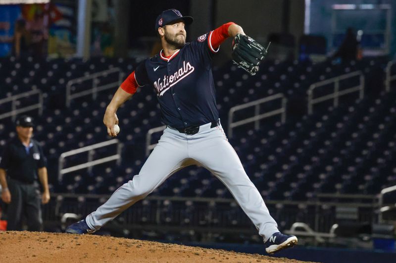 Mar 18, 2024; West Palm Beach, Florida, USA;  Washington Nationals relief pitcher Bennett Sousa throws a pitch during the ninth inning against the Houston Astros at The Ballpark of the Palm Beaches. Mandatory Credit: Reinhold Matay-USA TODAY Sports