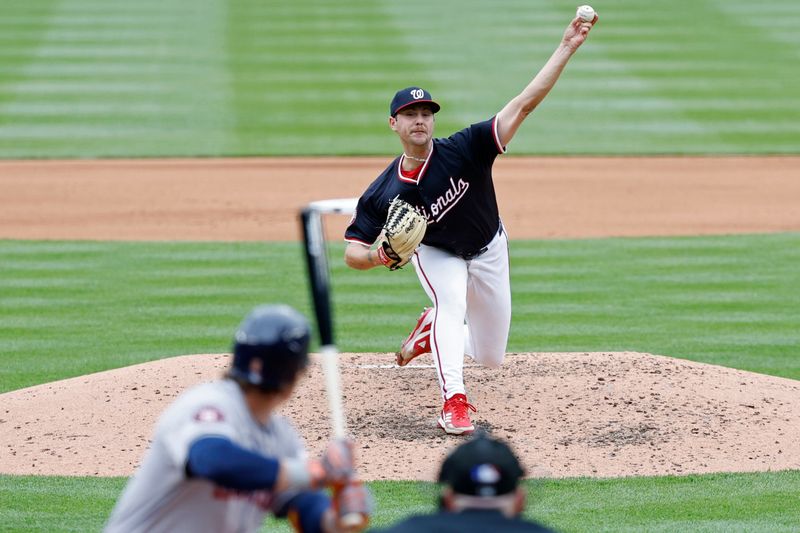 Apr 21, 2024; Washington, District of Columbia, USA; Washington Nationals pitcher Mitchell Parker (70) pitches against Houston Astros outfielder Jake Meyers (6) during the fifth inning at Nationals Park. Mandatory Credit: Geoff Burke-USA TODAY Sports