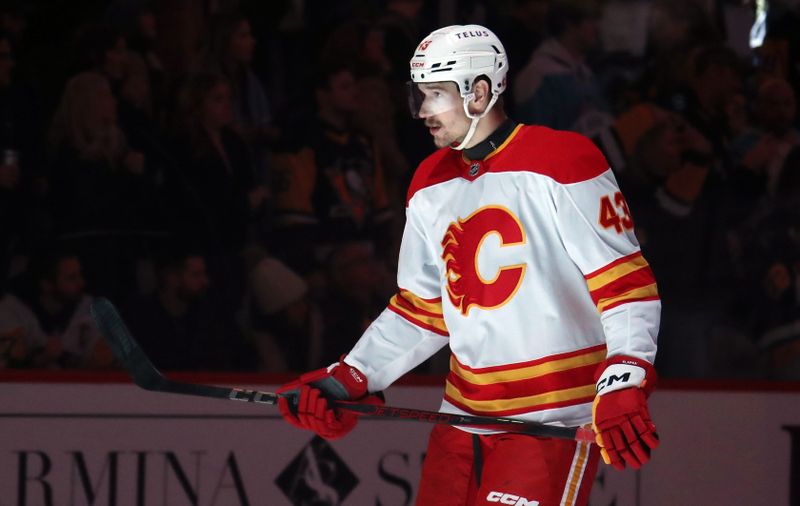 Nov 30, 2024; Pittsburgh, Pennsylvania, USA;  Calgary Flames right wing Adam Klapka (43) takes the ice to play the Pittsburgh Penguins during the first period at PPG Paints Arena. Mandatory Credit: Charles LeClaire-Imagn Images