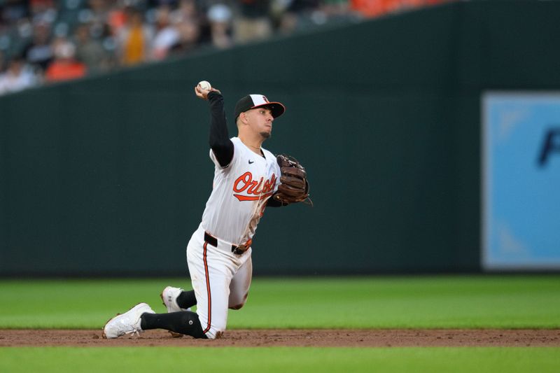 Jun 12, 2024; Baltimore, Maryland, USA; Baltimore Orioles third base Ramón Urías (29) throws to second base during the sixth inning against the Atlanta Braves at Oriole Park at Camden Yards. Mandatory Credit: Reggie Hildred-USA TODAY Sports