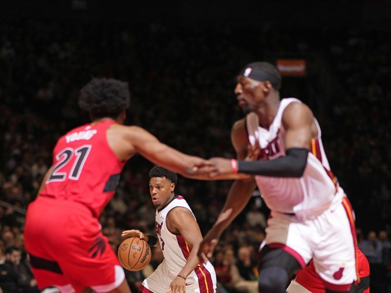 TORONTO, CANADA - JANUARY 17:  Kyle Lowry #7 of the Miami Heat dribbles the ball during the game against the Toronto Raptors on January 17, 2024 at the Scotiabank Arena in Toronto, Ontario, Canada.  NOTE TO USER: User expressly acknowledges and agrees that, by downloading and or using this Photograph, user is consenting to the terms and conditions of the Getty Images License Agreement.  Mandatory Copyright Notice: Copyright 2024 NBAE (Photo by Mark Blinch/NBAE via Getty Images)