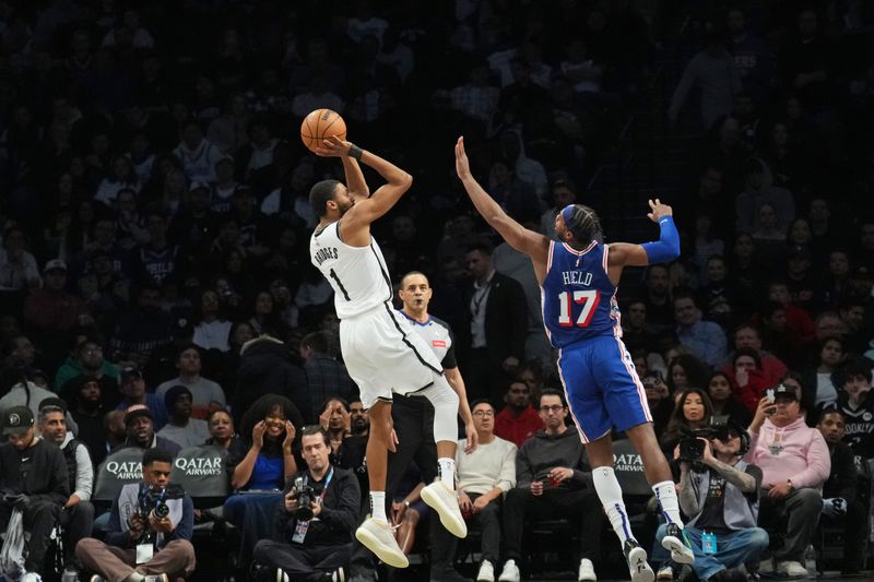 BROOKLYN, NY - MARCH 5: Mikal Bridges #1 of the Brooklyn Nets shoots the ball during the game against the Philadelphia 76ers on March 5, 2024 at Barclays Center in Brooklyn, New York. NOTE TO USER: User expressly acknowledges and agrees that, by downloading and or using this Photograph, user is consenting to the terms and conditions of the Getty Images License Agreement. Mandatory Copyright Notice: Copyright 2024 NBAE (Photo by Jesse D. Garrabrant/NBAE via Getty Images)