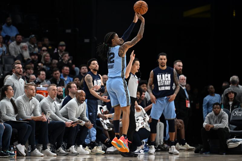 MEMPHIS, TN - FEBRUARY 25: Ja Morant #12 of the Memphis Grizzlies three point basket during the game against the Phoenix Suns on February 25, 2025 at FedExForum in Memphis, Tennessee. NOTE TO USER: User expressly acknowledges and agrees that, by downloading and or using this photograph, User is consenting to the terms and conditions of the Getty Images License Agreement. Mandatory Copyright Notice: Copyright 2025 NBAE(Photo by Grant Burke/NBAE via Getty Images)