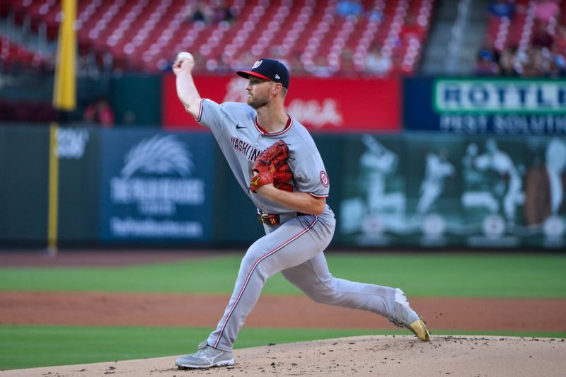 Jul 10, 2025; St. Louis, Missouri, USA; Washington Nationals starting pitcher Michael Soroka (34) pitches against the St. Louis Cardinals during the first inning at Busch Stadium. Mandatory Credit: Jeff Curry-Imagn Images