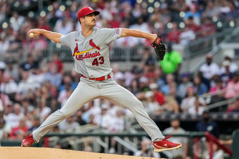 Sep 6, 2023; Cumberland, Georgia, USA; St. Louis Cardinals starting pitcher Dakota Hudson (43) pitches against the Atlanta Braves during the first inning at Truist Park. Mandatory Credit: Dale Zanine-USA TODAY Sports