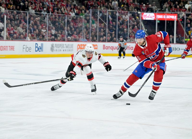 Mar 18, 2025; Montreal, Quebec, CAN; Montreal Canadiens forward Joel Armia (40) plays the puck and Ottawa Senators forward Tim Stutzle (18) defends during the second period at the Bell Centre. Mandatory Credit: Eric Bolte-Imagn Images