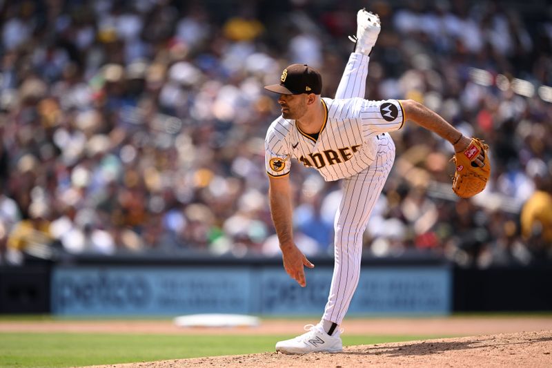 Apr 19, 2023; San Diego, California, USA; San Diego Padres starting pitcher Nick Martinez (21) throws a pitch against the Atlanta Braves during the seventh inning at Petco Park. Mandatory Credit: Orlando Ramirez-USA TODAY Sports