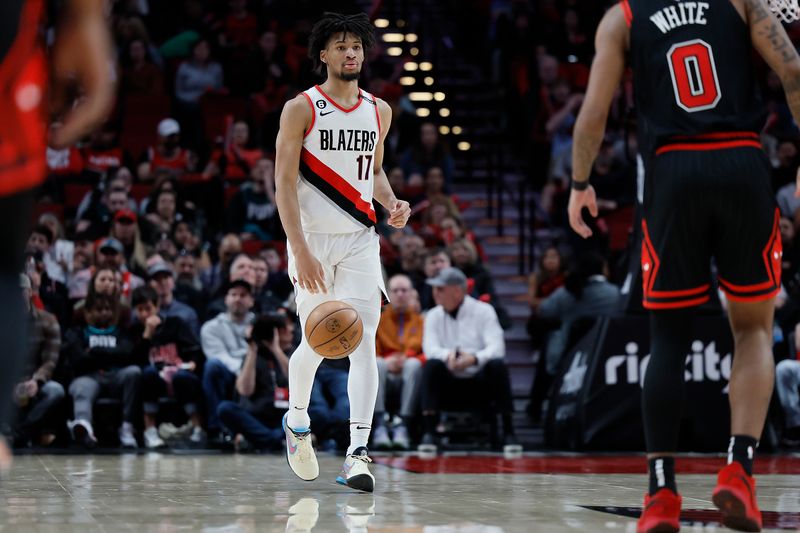 PORTLAND, OREGON - MARCH 24: Shaedon Sharpe #17 of the Portland Trail Blazers brings the ball up court during the second half against the Chicago Bulls at Moda Center on March 24, 2023 in Portland, Oregon. NOTE TO USER: User expressly acknowledges and agrees that, by downloading and or using this photograph, User is consenting to the terms and conditions of the Getty Images License Agreement. (Photo by Soobum Im/Getty Images)