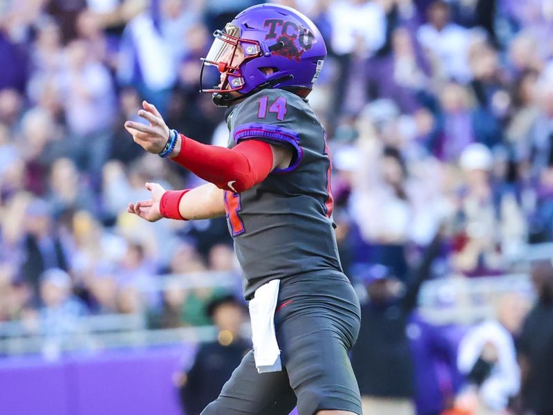 Nov 6, 2021; Fort Worth, Texas, USA;  TCU Horned Frogs quarterback Chandler Morris (14) reacts after throwing a touchdown pass during the second half against the Baylor Bears at Amon G. Carter Stadium. Mandatory Credit: Kevin Jairaj-USA TODAY Sports