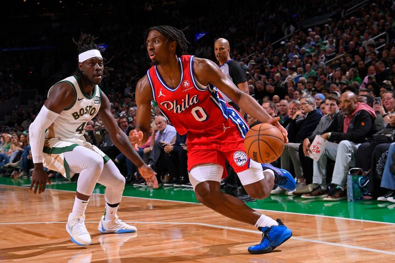 BOSTON, MA - FEBRUARY 27: Tyrese Maxey #0 of the Philadelphia 76ers handles the ball during the game against the Boston Celtics on February 27, 2024 at the TD Garden in Boston, Massachusetts. NOTE TO USER: User expressly acknowledges and agrees that, by downloading and or using this photograph, User is consenting to the terms and conditions of the Getty Images License Agreement. Mandatory Copyright Notice: Copyright 2024 NBAE  (Photo by Brian Babineau/NBAE via Getty Images)