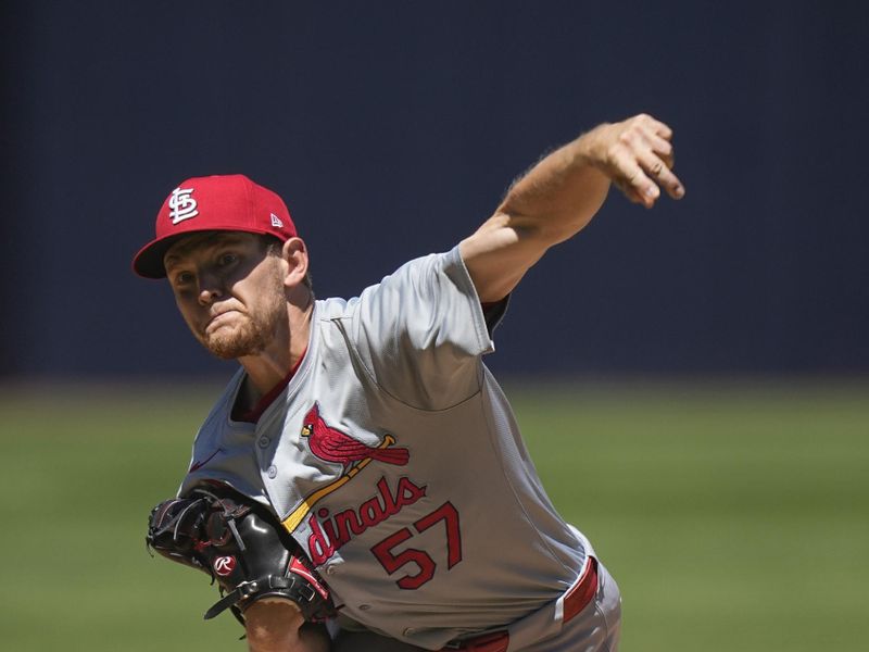 Apr 3, 2024; San Diego, California, USA; St. Louis Cardinals starting pitcher Zack Thompson (57) throws a pitch against the San Diego Padres during the first inning at Petco Park. Mandatory Credit: Ray Acevedo-USA TODAY Sports