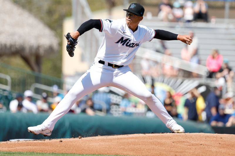 Feb 25, 2024; Jupiter, Florida, USA; Miami Marlins starting pitcher Jesus Luzzardo throws in the first inning against the Washington Nationals at Roger Dean Chevrolet Stadium. Mandatory Credit: Rhona Wise-USA TODAY Sports