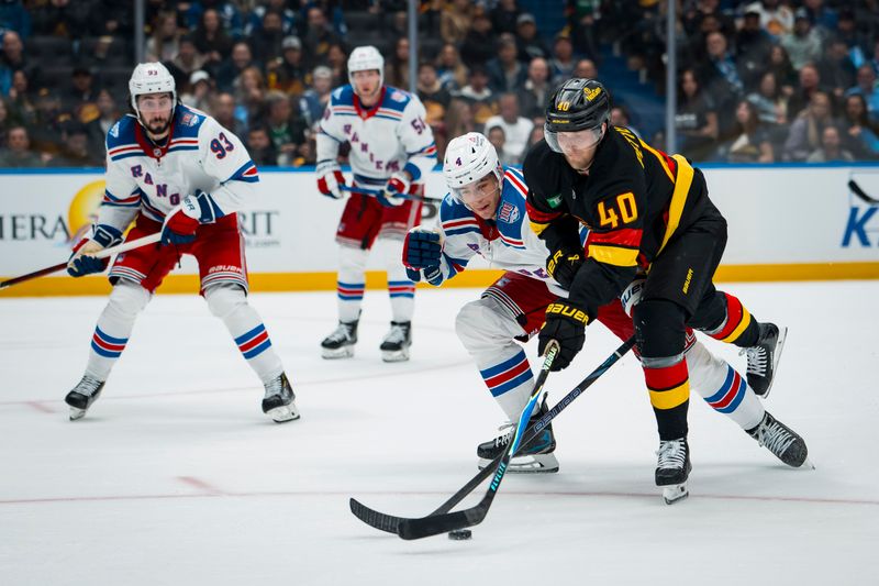 Oct 28, 2025; Vancouver, British Columbia, CAN; New York Rangers defenseman Braden Schneider (4) stick checks Vancouver Canucks forward Elias Pettersson (40) in the second period at Rogers Arena. Mandatory Credit: Bob Frid-Imagn Images